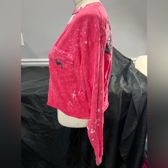 VS Love Pink Bleach Dyed Cut Out Crop Long Sleeve Pink Cotton Top Small Dog Logo - Picture 4 of 8